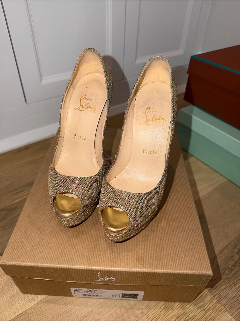 Christian Louboutin Multicolor Tweed Peep-Toe Platform Pumps with Gold Accents